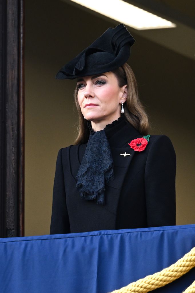 Catherine, Princess of Wales looking serious in black coat and hat