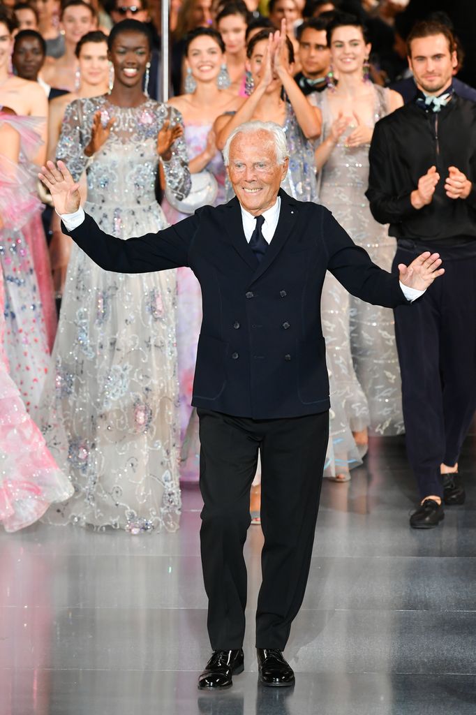 Italian fashion designer Giorgio Armani walks the runway during the Giorgio Armani "One Night Only Dubai" fashion show at the Armani Hotel Dubai on October 26, 2021 in Dubai, United Arab Emirates