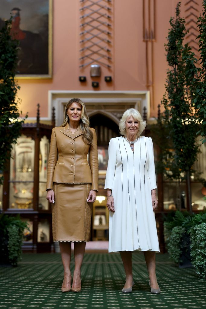 Melania Trump in a leather dress and Queen Camilla in a white dress