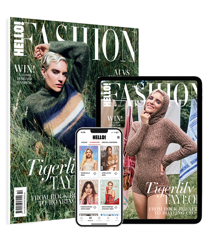 HELLO! Fashion magazine cover featuring Tigerlily Taylor lying in tall grass wearing a striped sweater dress