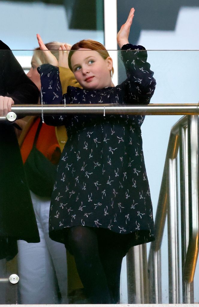 Mia Tindall watches the racing as she attends the New Year's Day Racing Meet at Cheltenham Racecourse on January 1, 2025 in Cheltenham, England.