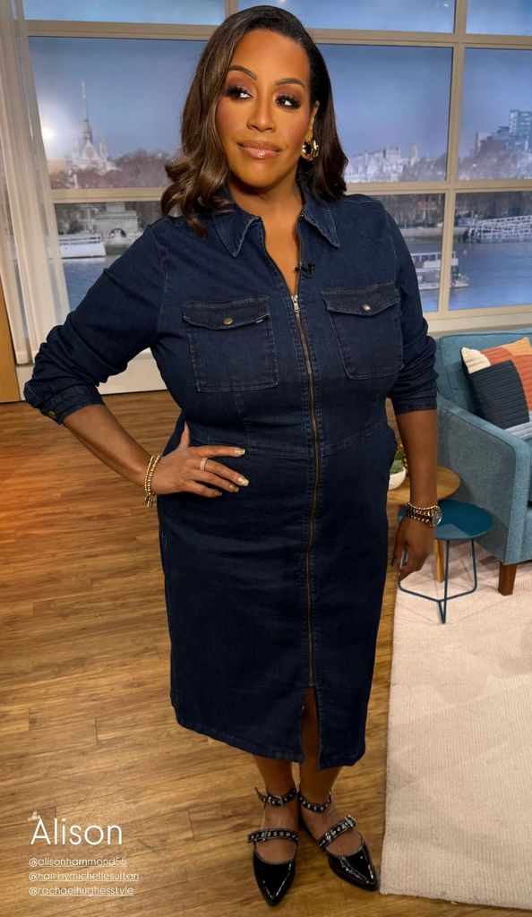 Alison Hammond wearing next shoes and a denim dress on this morning