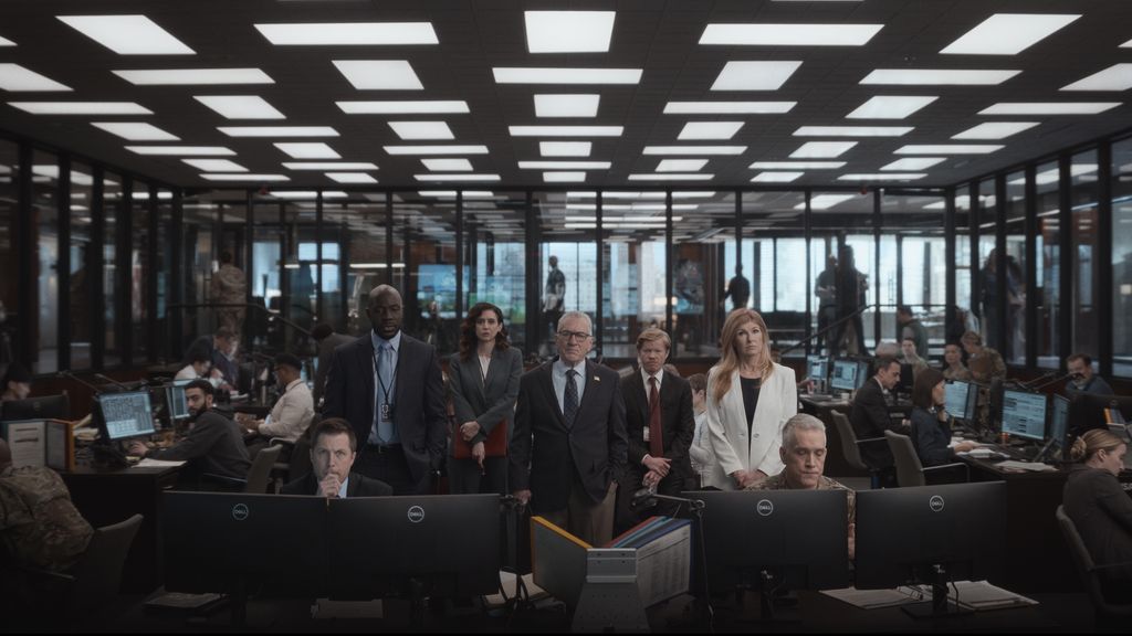 McKinley Belcher III as Carl Otieno, Mozhan Navabi as Melissa Kornblau, Robert De Niro as George Mullen, Jesse Plemons as Roger Carlson and Connie Britton as Valerie Whitesell in Zero Day