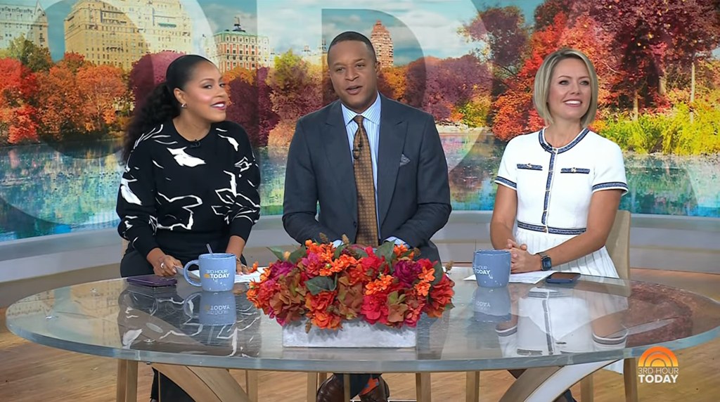 Sheinelle Jones in black jumper, Craig Melvin in navy suit and Dylan Dreyer in white dress on the Third Hour of TODAY