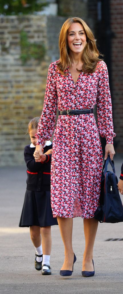 Kate Middleton and Prince William with  Princess Charlotte as she arrives for her first day of school, with her brother Prince George in 2019