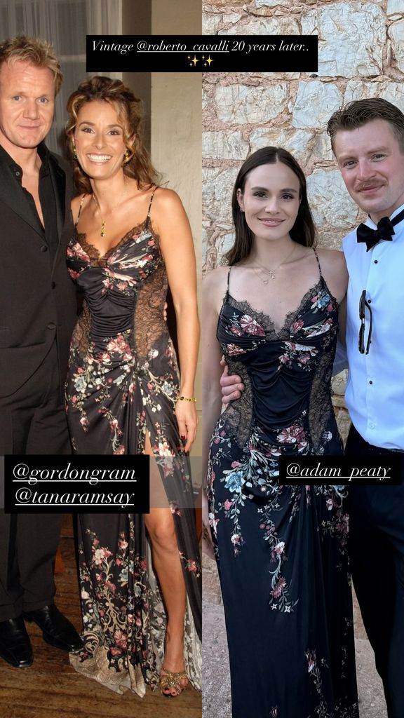 Split image of Tana Ramsay and daughter Holly wearing same black lace dress
