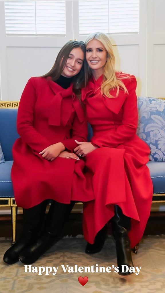 Ivanka in red coat dress next to her daughter