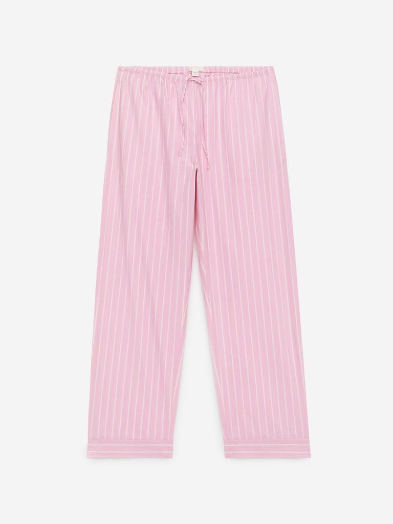 pink and white striped trousers product shot