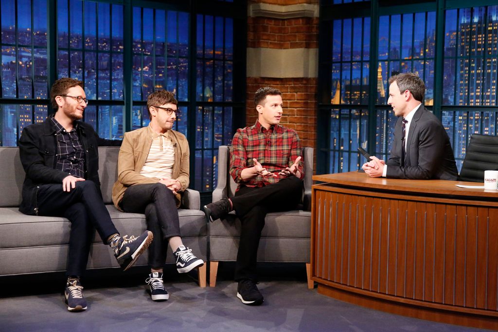 Akiva Schaffer, Jorma Taccone and Andy Samberg of The Lonely Island during an interview with host Seth Meyers 