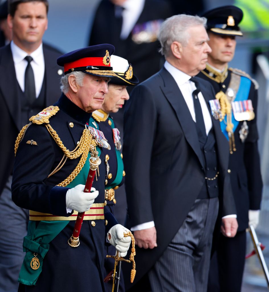 King Charles III, Princess Anne, Prince Andrew, and Prince Edward walk along The Royal Mile as they accompany Queen Elizabeth II's coffin to St Giles' Cathedral for a Service of Thanksgiving
