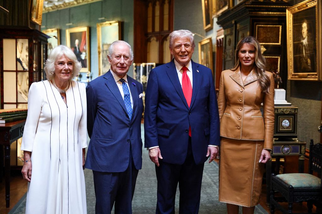 King Charles and Queen Camilla pose for a photo with US President Donald Trump and First Lady Melania Trump