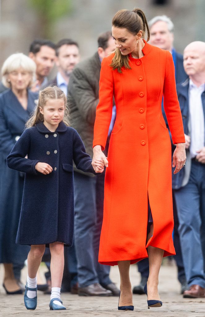 CARDIFF, WALES - JUNE 04: Catherine, Duchess of Cambridge and Princess Charlotte of Cambridge visit Cardiff Castle on June 04, 2022 in Cardiff, Wales. The Platinum Jubilee of Elizabeth II is being celebrated from June 2 to June 5, 2022, in the UK and Commonwealth to mark the 70th anniversary of the accession of Queen Elizabeth II on 6 February 1952. (Photo by Samir Hussein/WireImage)