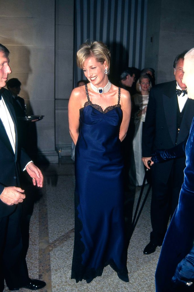Princess Diana attends Met Gala at Metropolitan Museum of Art on January 1, 1995 in New York City wearing a slip dress