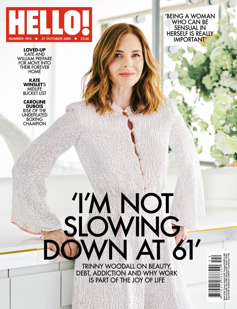 Hello Magazine cover featuring Trinny Woodall wearing a white dress in a white kitchen indoor background