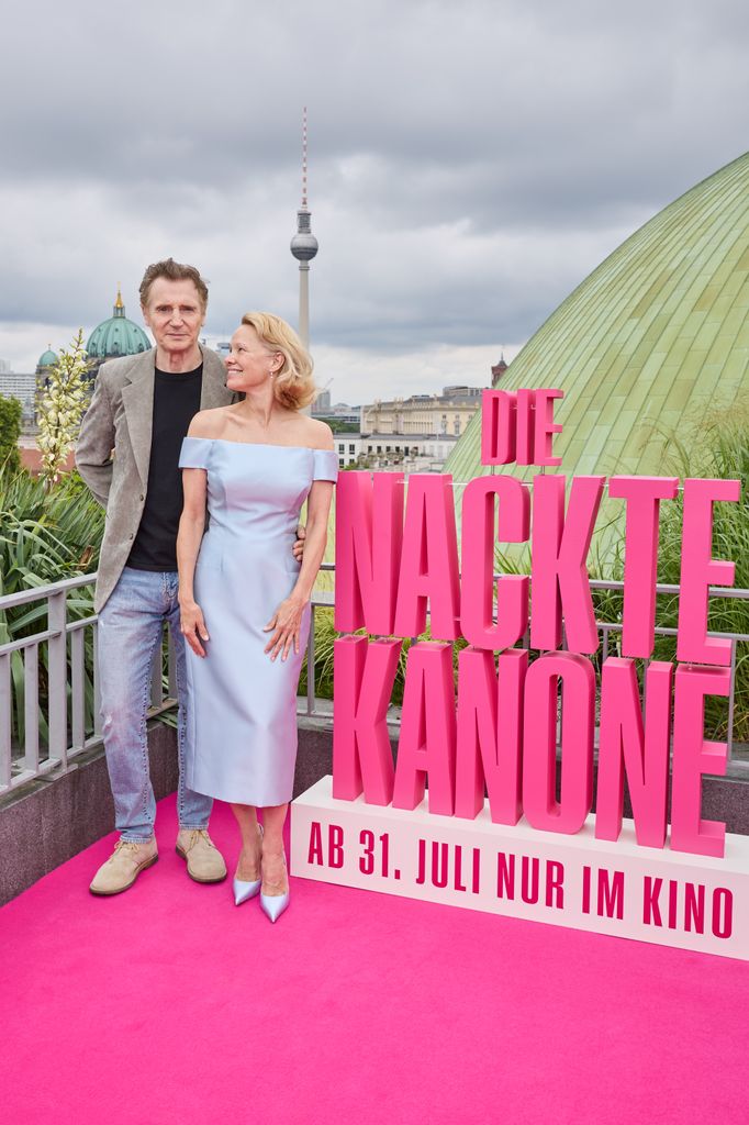 Liam Neeson and Pamela Anderson attend "The Naked Gun" German Premiere Photocall at Hotel De Rome on July 24, 2025, in Berlin, Germany.