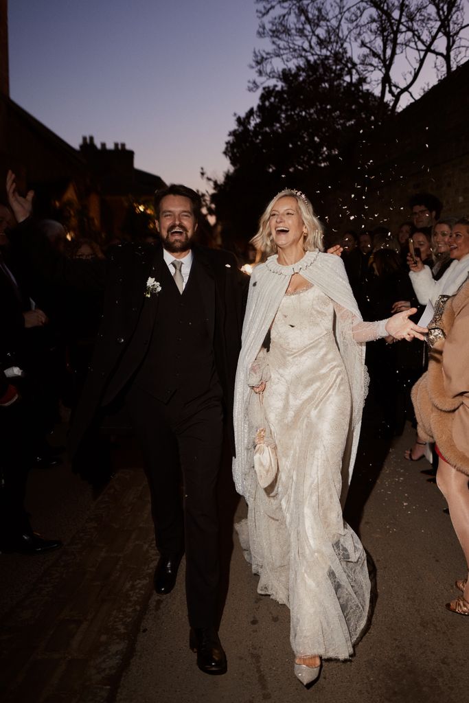 Savannah Miller and her husband being showered in confetti on their wedding day 