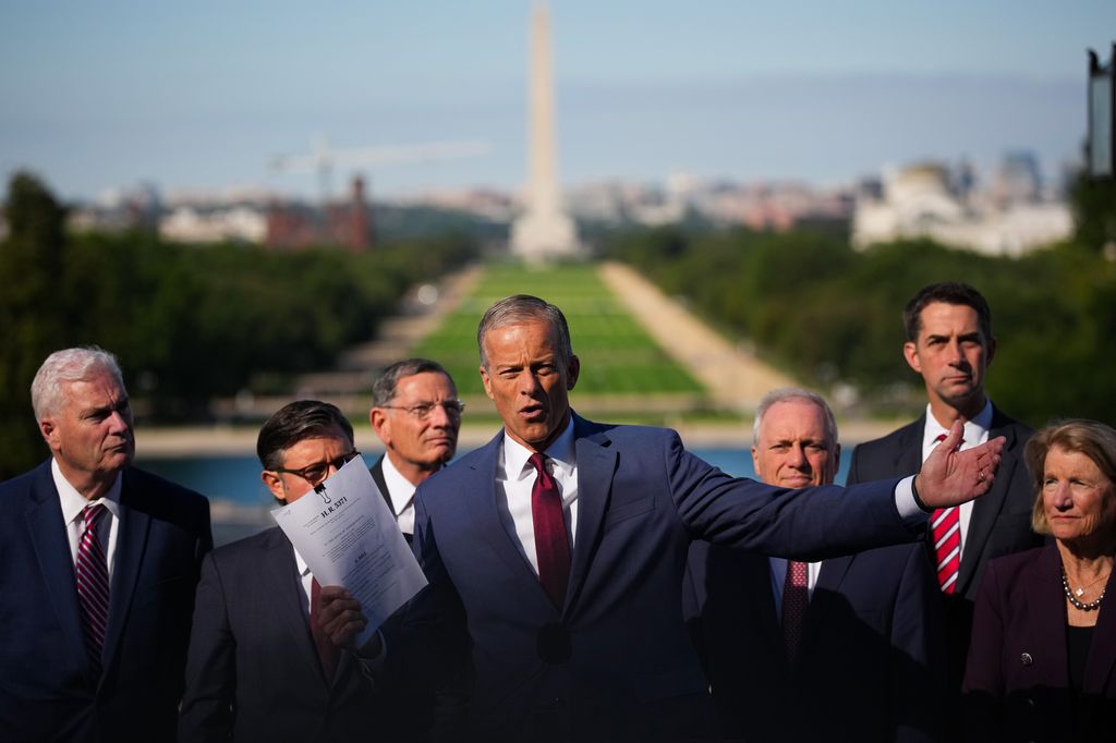 Senate Majority Leader John Thune (R-SD) (C) leads a news conference with (L-R) U.S. Rep. Tom Emmer (R-MN), Speaker of the House Mike Johnson (R-LA), Senate Majority Whip John Barrasso (R-WY), House Majority Leader Steve Scalise (R-LA), U.S. Sen. Tom Cotton (R-AR) and U.S. Sen. Shelley Moore Capito (R-WV) on the Upper West Terrace of U.S. Capitol Building on October 1, 2025 in Washington, DC. The government shut down early Wednesday after Congress failed to reach a funding deal