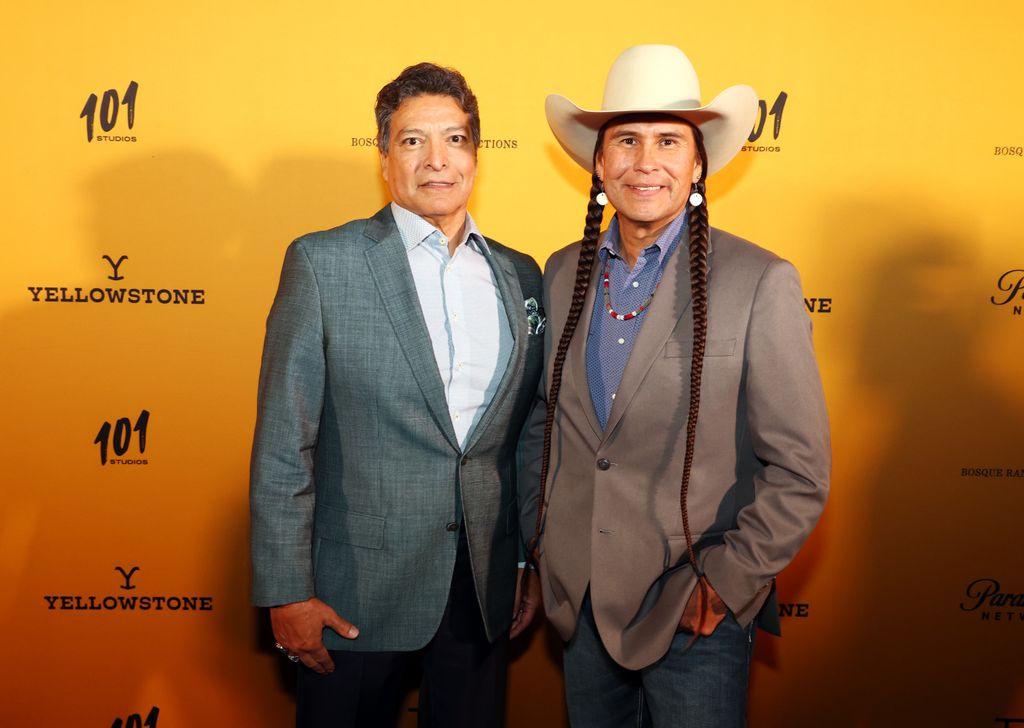 Gil Birmingham and Mo Brings Plenty attend the premiere for Paramount Network's "Yellowstone" Season 5 at Hotel Drover on November 13, 2022 in Fort Worth, Texas