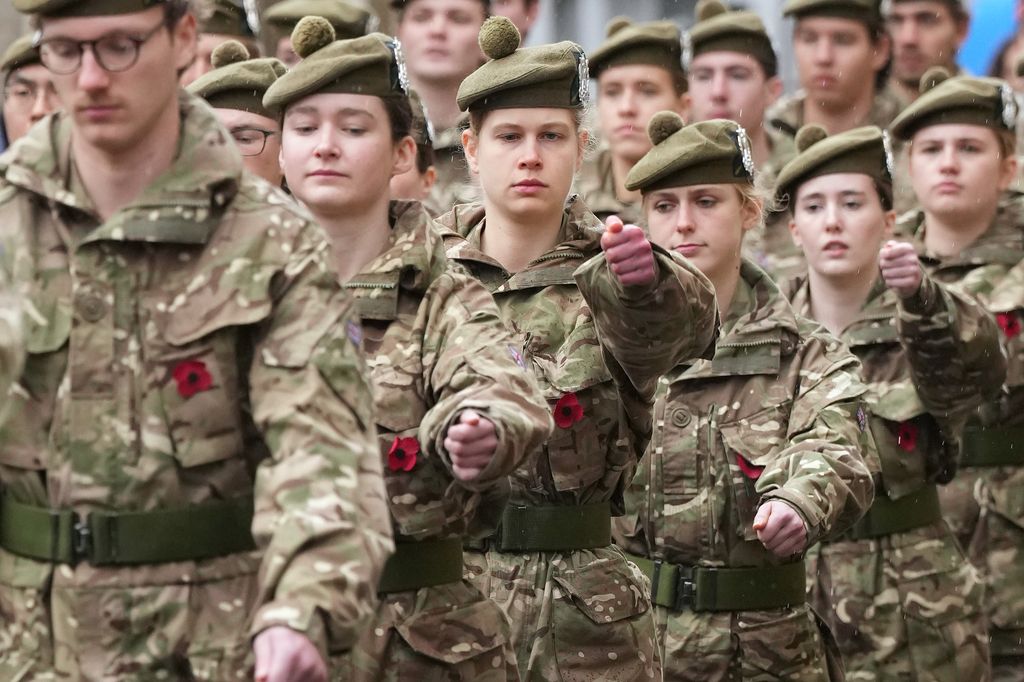Lady Louise Windsor marches with the A Squadron, Students of Tayforth UOTR from the University of St. Andrews, in the Remembrance Sunday Parade at St Andrews on the 9th November, 2025.