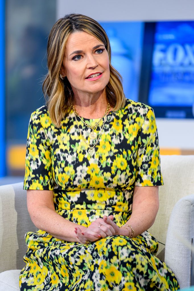 Savannah Guthrie in floral yellow and green dress v