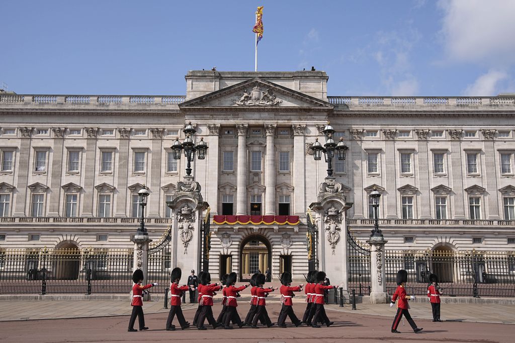 Members of the Foot Guards outside Buckingham Palace ahead of Trooping the Colour ceremony in central London as King Charles III celebrates his official birthday. Picture date: Saturday June 14, 2025. (Photo by Aaron Chown/PA Images via Getty Images)
