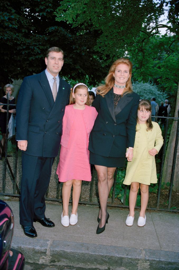 Prince Andrew, Duke of York, and Sarah, Duchess of York with their children, Princess Beatrice of York (pink dress) and Princess Eugenie of York