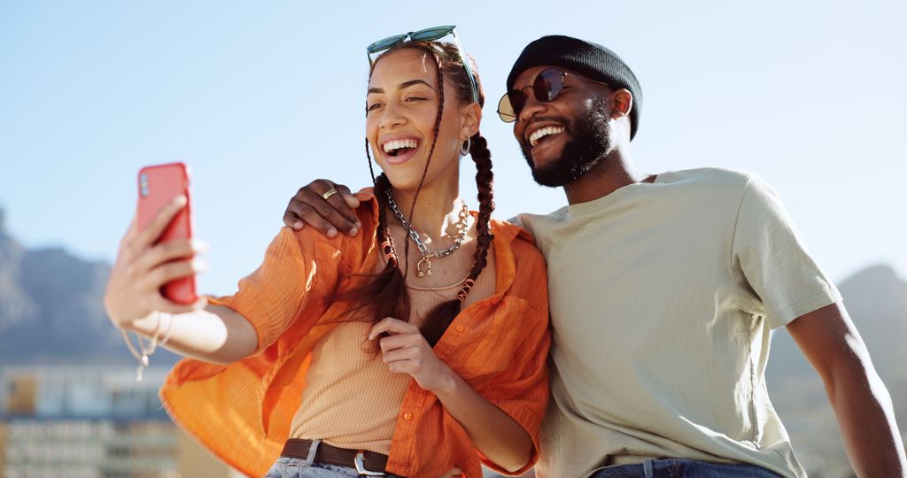 happy couple getting along on vacation.