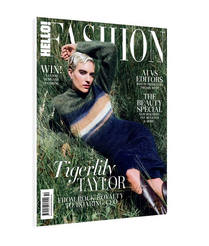 HELLO! Fashion magazine cover featuring Tigerlily Taylor lying in tall grass wearing a striped sweater dress