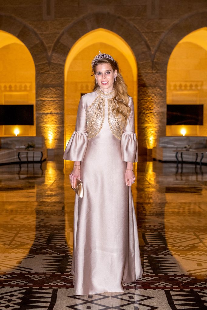 Princess Beatrice in jordan palace in blush dress