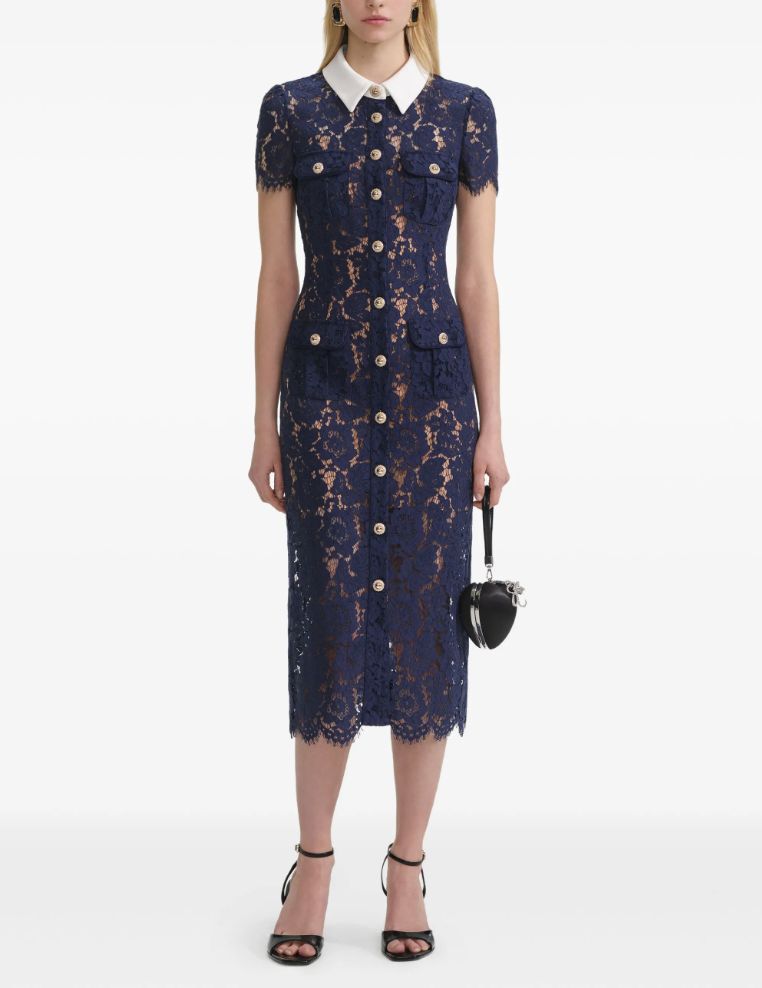 Self Portrait Embellished Navy Lace Midi Dress