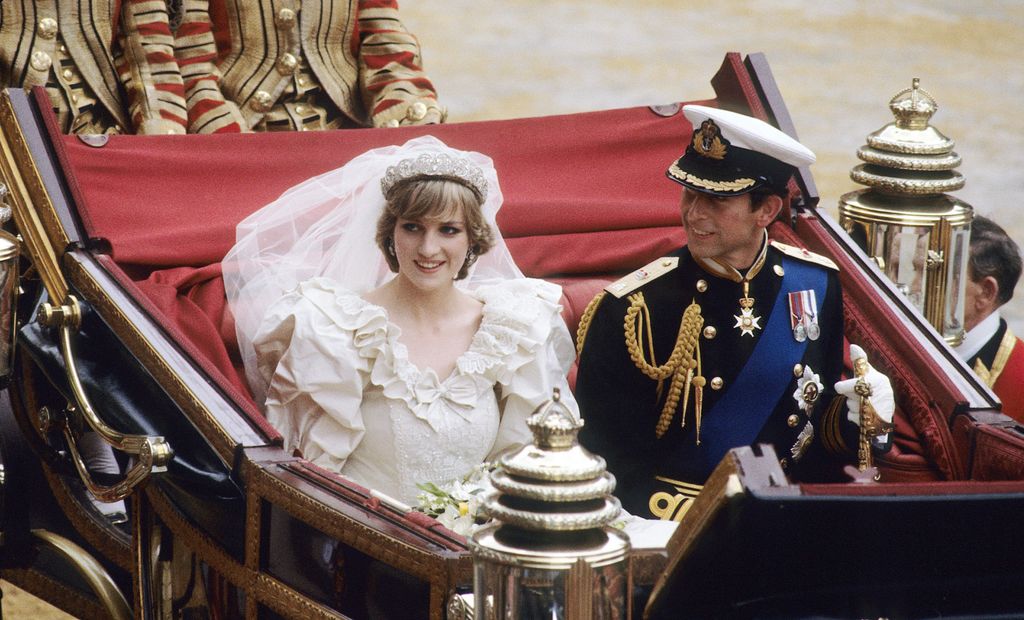 Diana, Princess of Wales, wearing a wedding dress designed by David and Elizabeth Emanuel and the Spencer family tiara