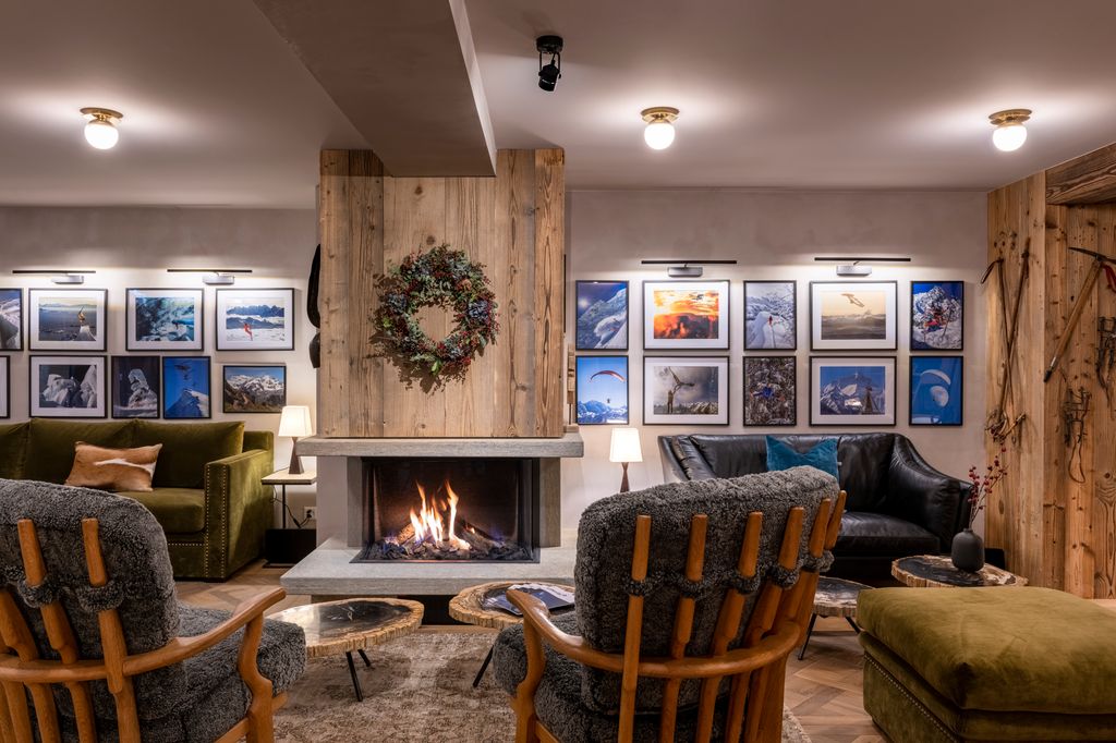 The Scandi reception, which features weathered wood and inviting sheepskin armchairs
