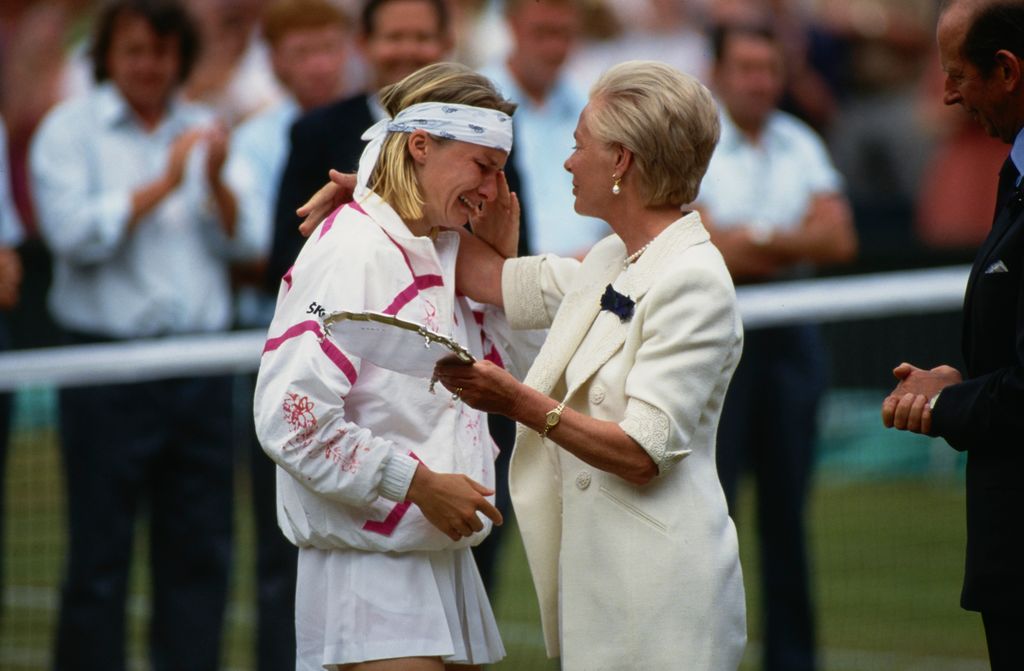 Czech tennis player Jana Novotna is consoled by the Duchess after losing the women's singles final at the 1993 Wimbledon Championships