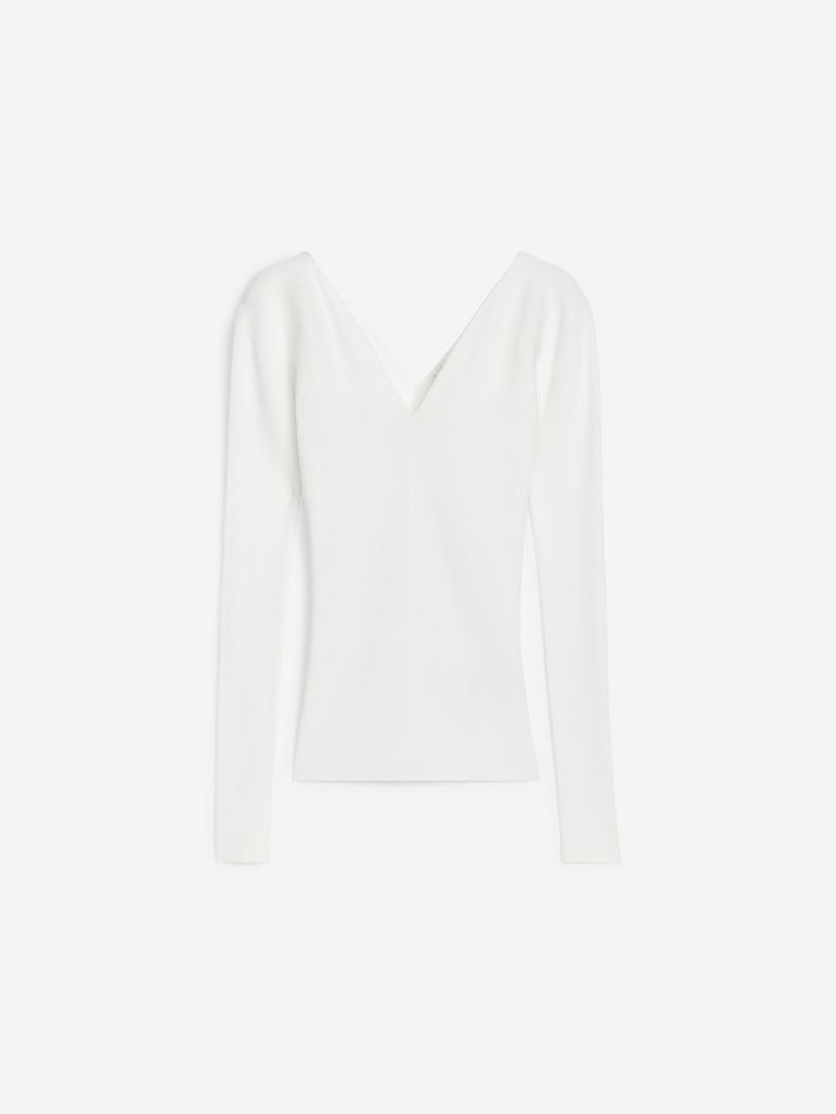 White V-Neck Rib Top