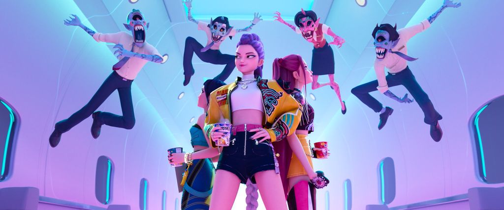 Animation of three Korean singers about to be attacked by four demons