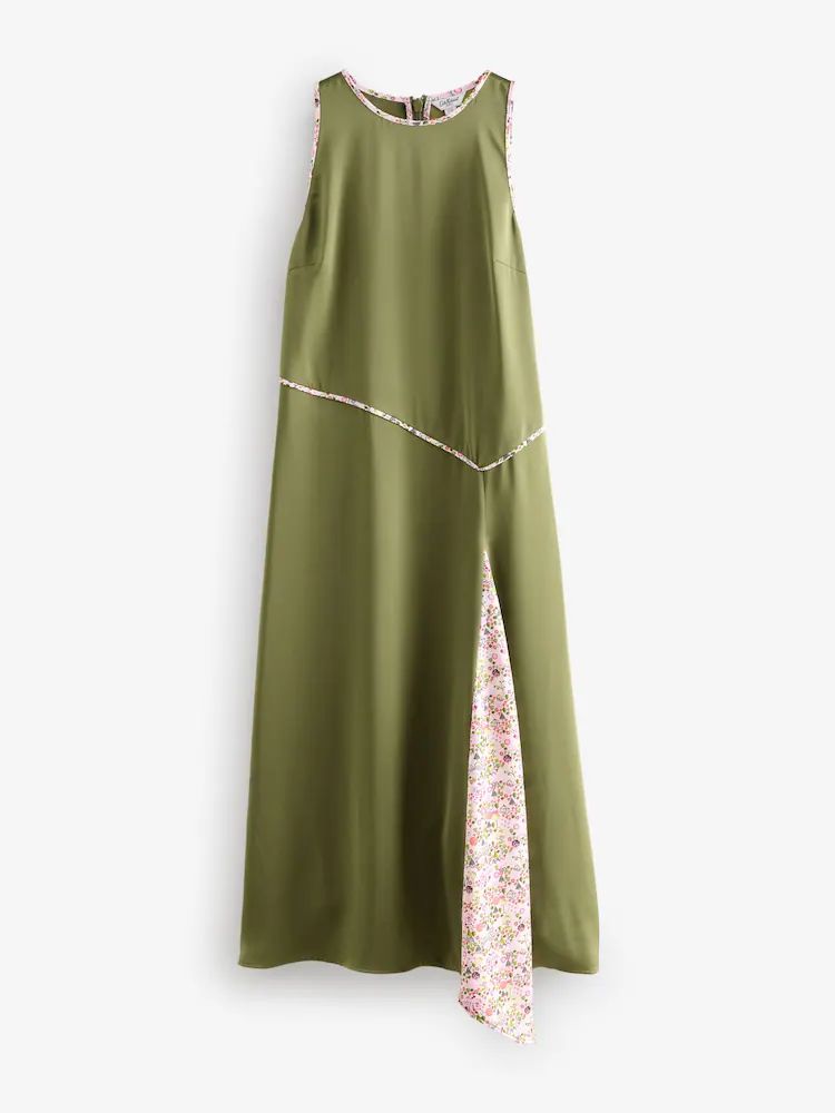 Khaki Green Tiny Town Lengan Satin Gaun Gaun Garis