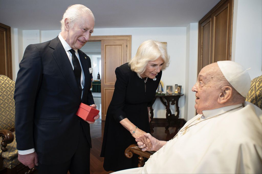 King Charles III and Queen Camilla during a private meeting with Pope Francis in Rome