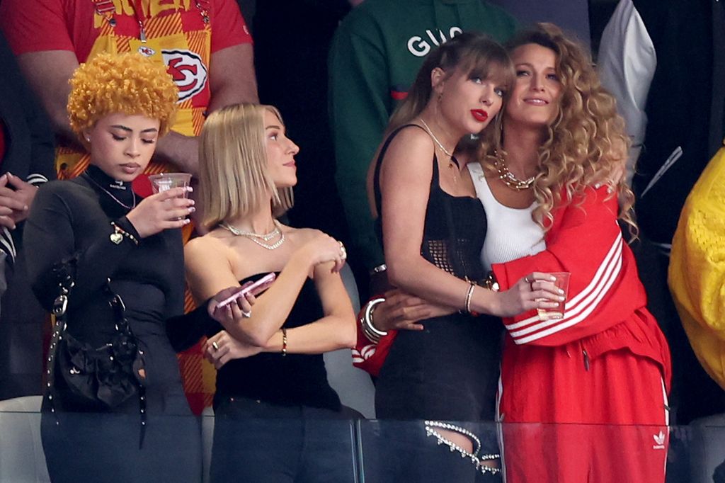 Rapper Ice Spice, singer Taylor Swift and actress Blake Lively prior to Super Bowl LVIII between the San Francisco 49ers and Kansas City Chiefs at Allegiant Stadium on February 11, 2024 in Las Vegas, Nevada
