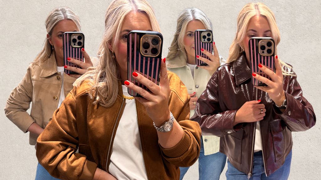 Shopping editor Leanne Bayley wearing this season's must-have jackets including Marks & Spencer, Mango, New Look, River Island