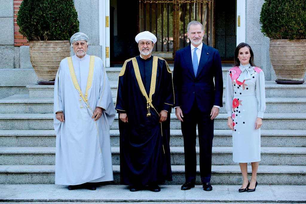 Queen Letizia beside King Felipe VI of Spain (2R) and Queen Letizia of Spain (R) host a luncheon for Oman's Sultan His Majesty Haitham Bin Tariq (2L) and Deputy Prime Minister for Defence Affairs of the Sultanate of Oman His Majesty Shihab Bin Tarik Al Said