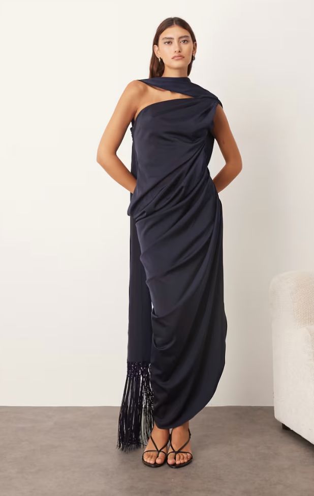 ARRANGE x ASOS Scarf Neck Draped Navy Maxi Dress