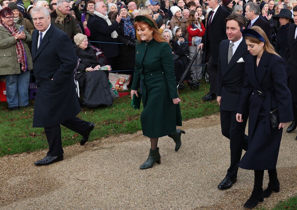 Britain's Prince Andrew, Duke of York (L), Sarah, Duchess of York (2L) Edoardo Mapelli Mozzi (2R) and Britain's Princess Beatrice of York (R) arrive for the Royal Family's traditional Christmas Day service at St Mary Magdalene Church on the Sandringham Estate in eastern England, on December 25, 