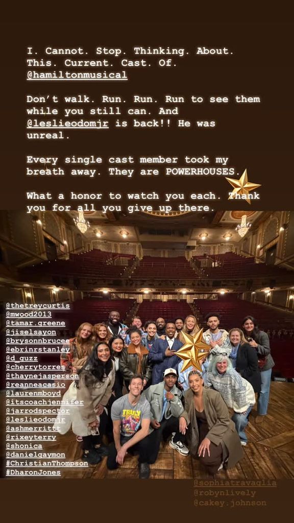 Blake Lively shares a photo on her Instagram Stories of visiting Hamilton on Broadway with two of her children, posing with the cast of the musical