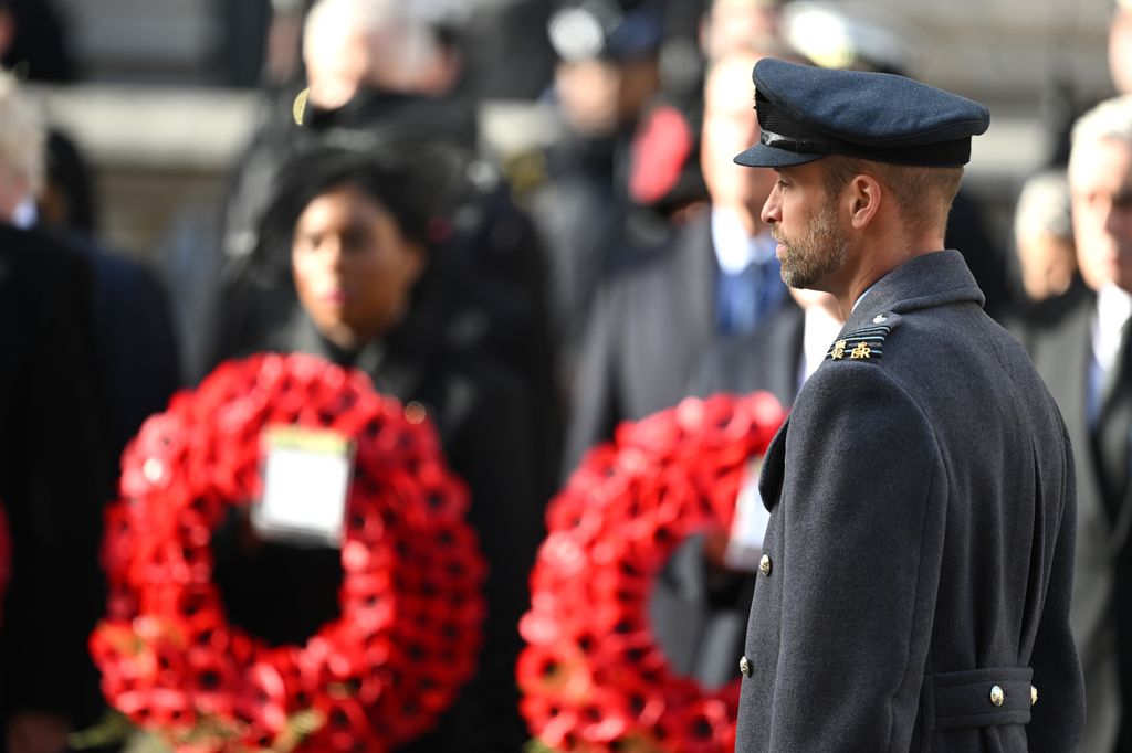  Prince William, Prince of Wales reflects with closed eyes during the two minute silence at the 2025 National Service Of Remembrance at The Cenotap