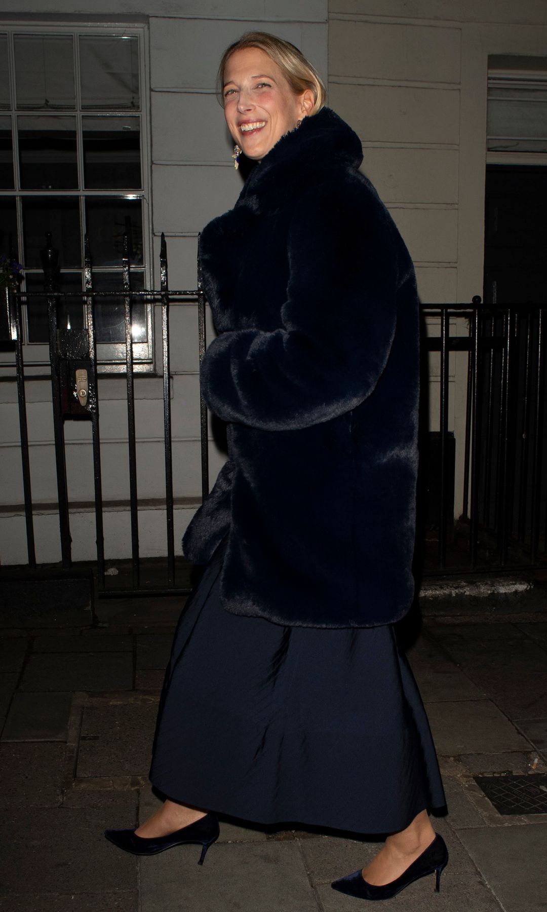 Lady Gabriella Windsor smiling in a satin coat
