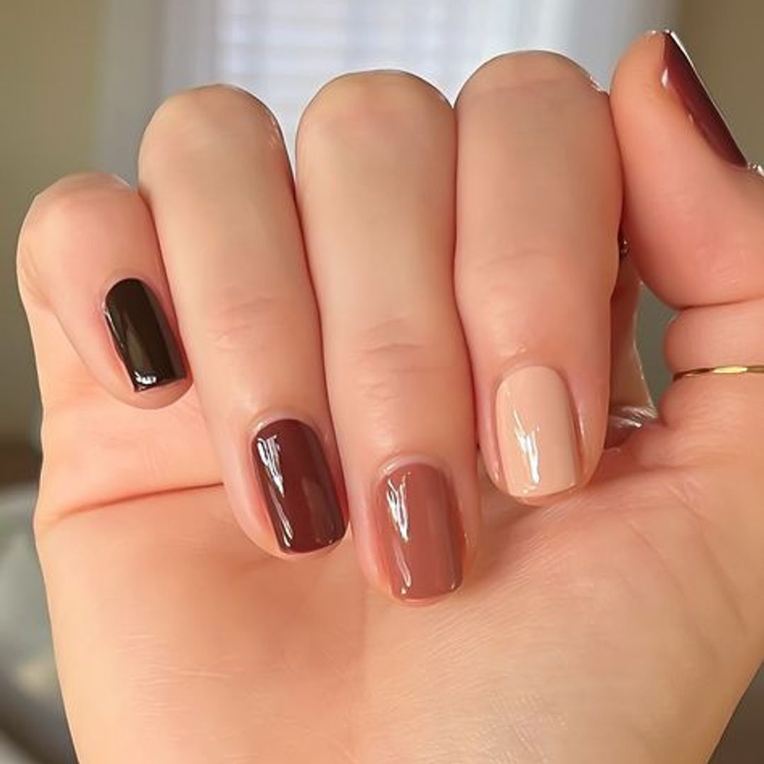 multi coloured nails in brown earthy tone manicure