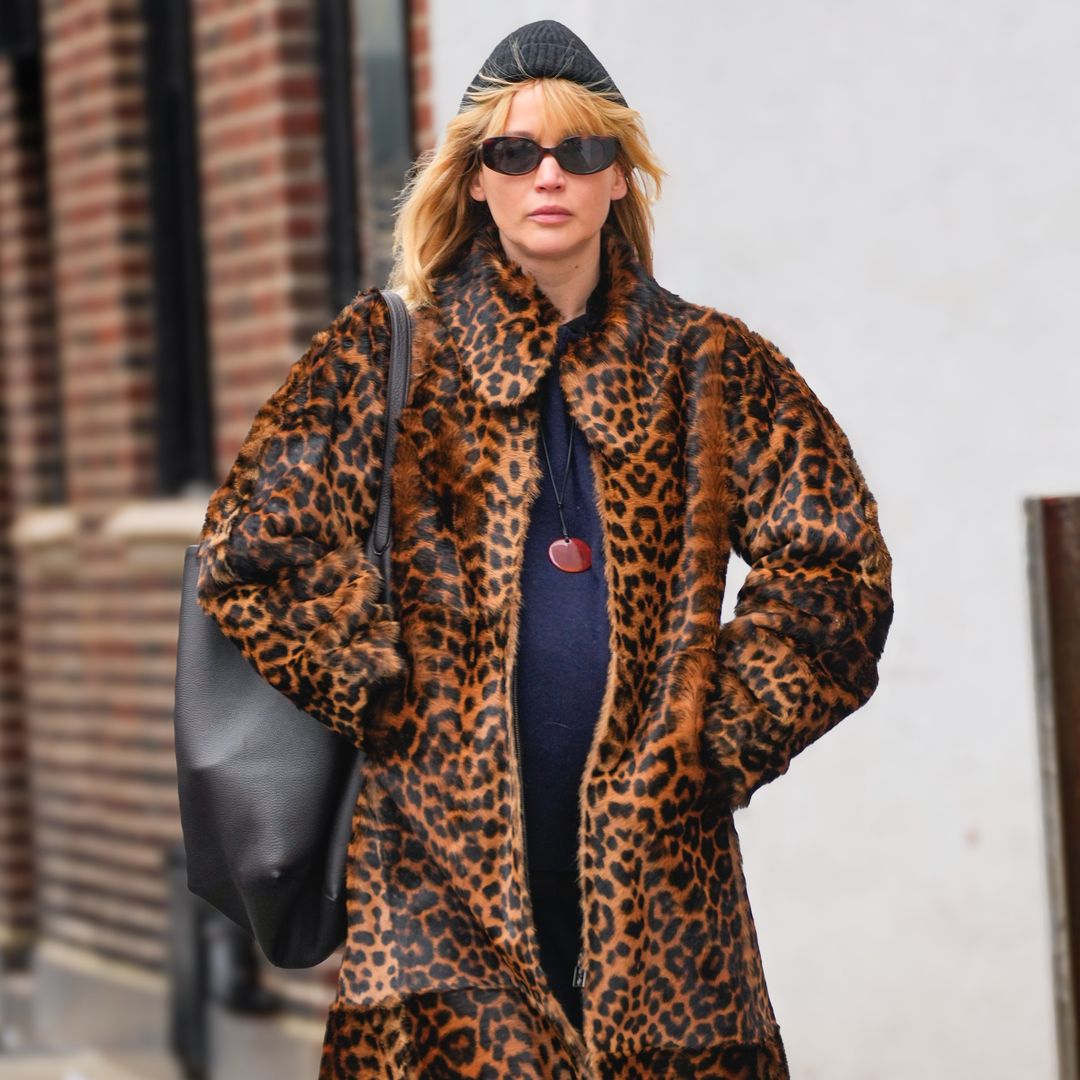 Jennifer Lawrence proves maternity style can be seriously fierce in bold leopard print coat