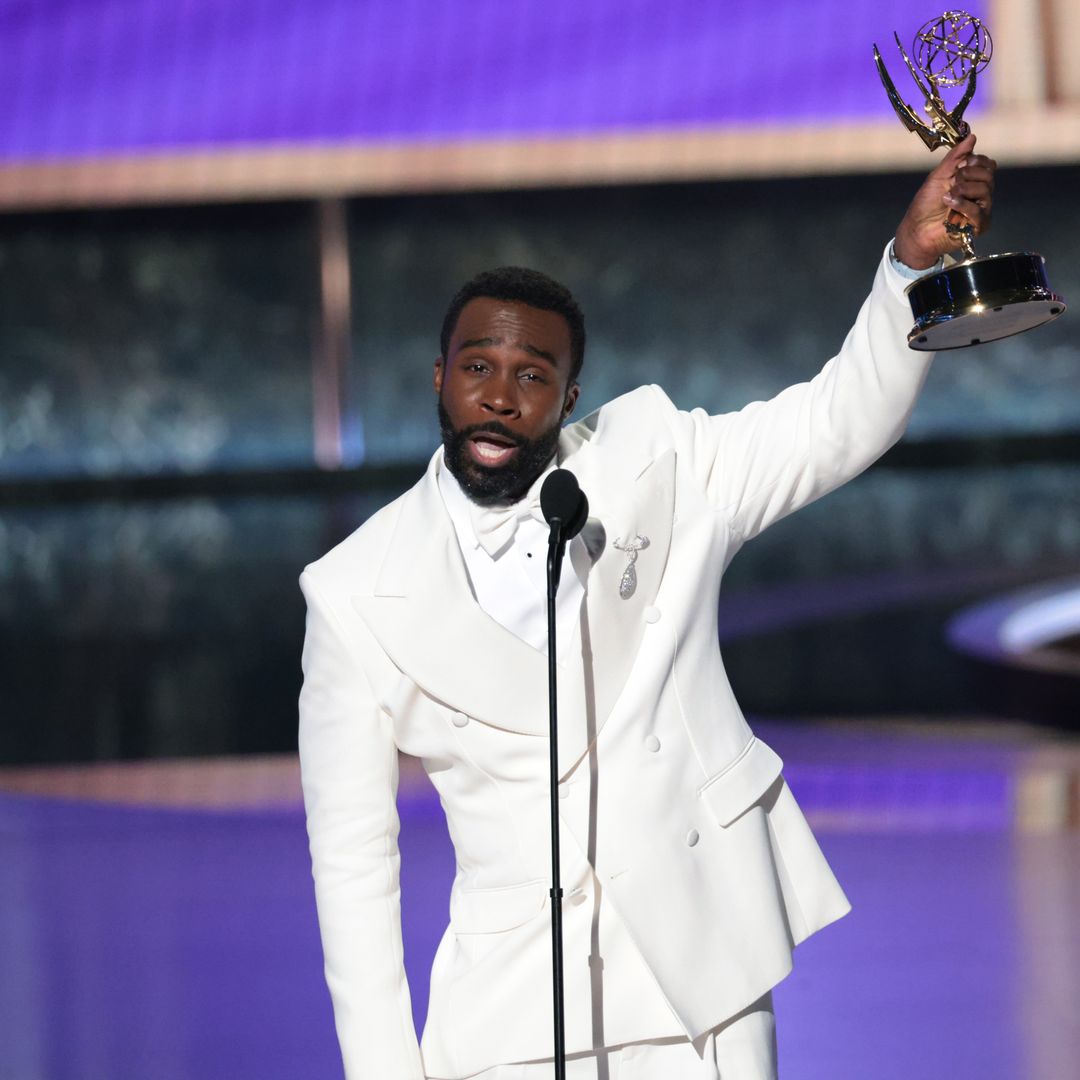 Tramell Tillman accepts the award for outstanding supporting actor in a drama series for "Severance" during the show at the 77th Primetime Emmy Awards at the Peacock Theater in Los Angeles, CA, Sunday, Sept. 14, 2025